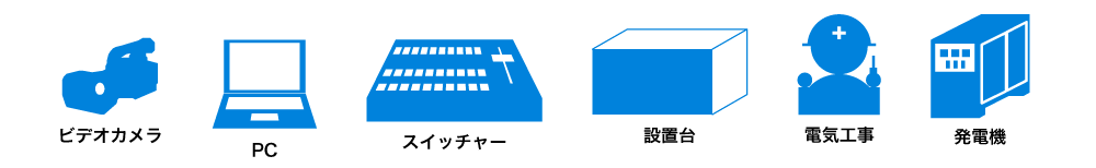 ビデオカメラ、PC、スイッチャー、設置台、電気工事、発電機