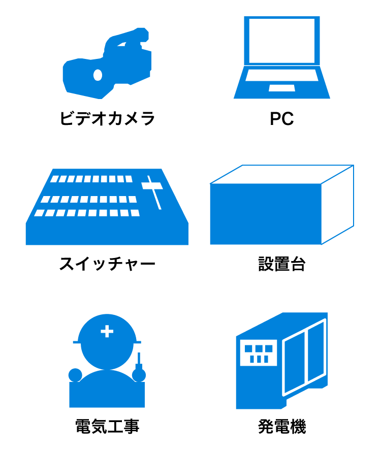 ビデオカメラ、PC、スイッチャー、設置台、電気工事、発電機